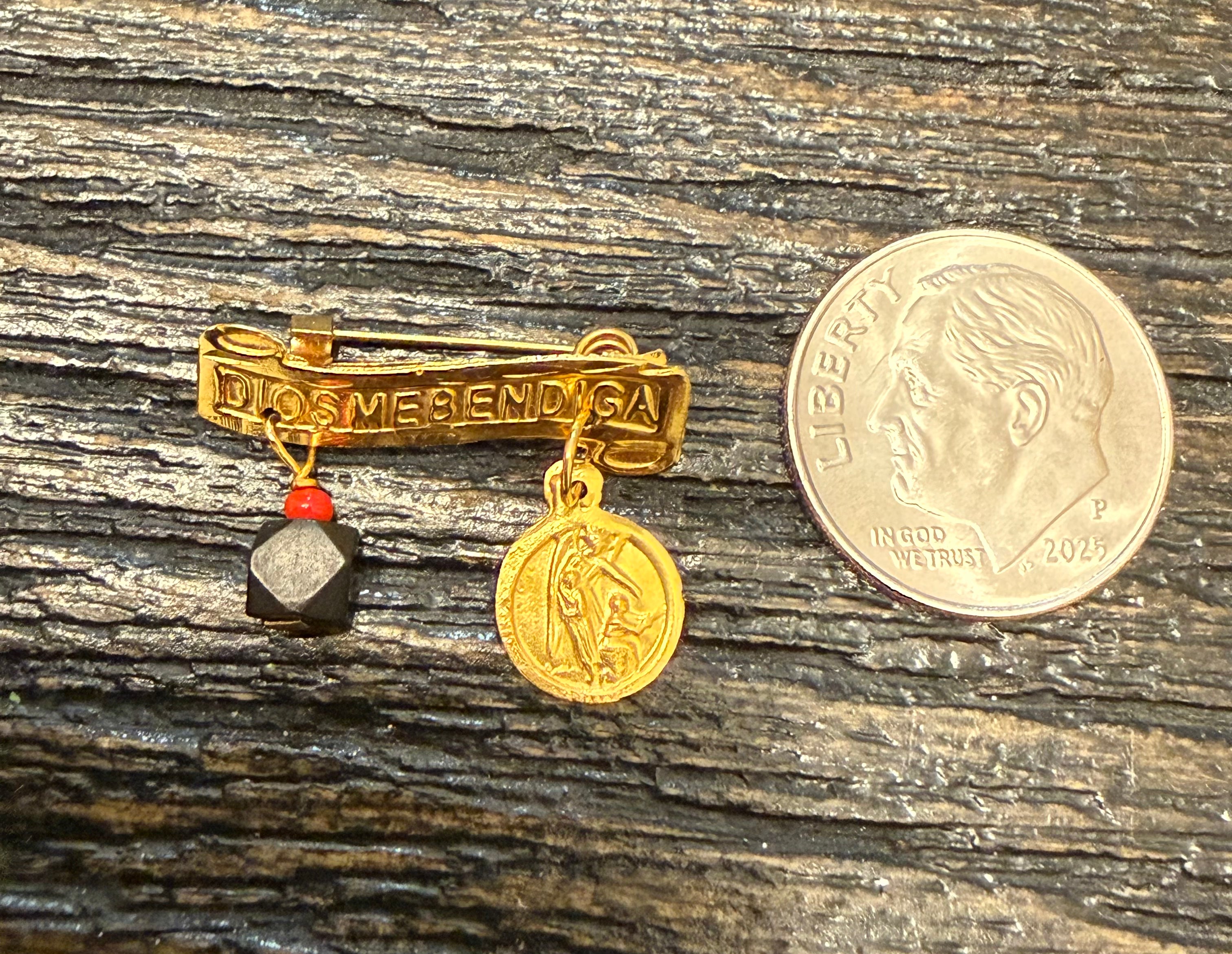 Dios Me Bendiga Con Angel De La Guarda Y Azabache Legitimo 14Kt Oro Amarillo