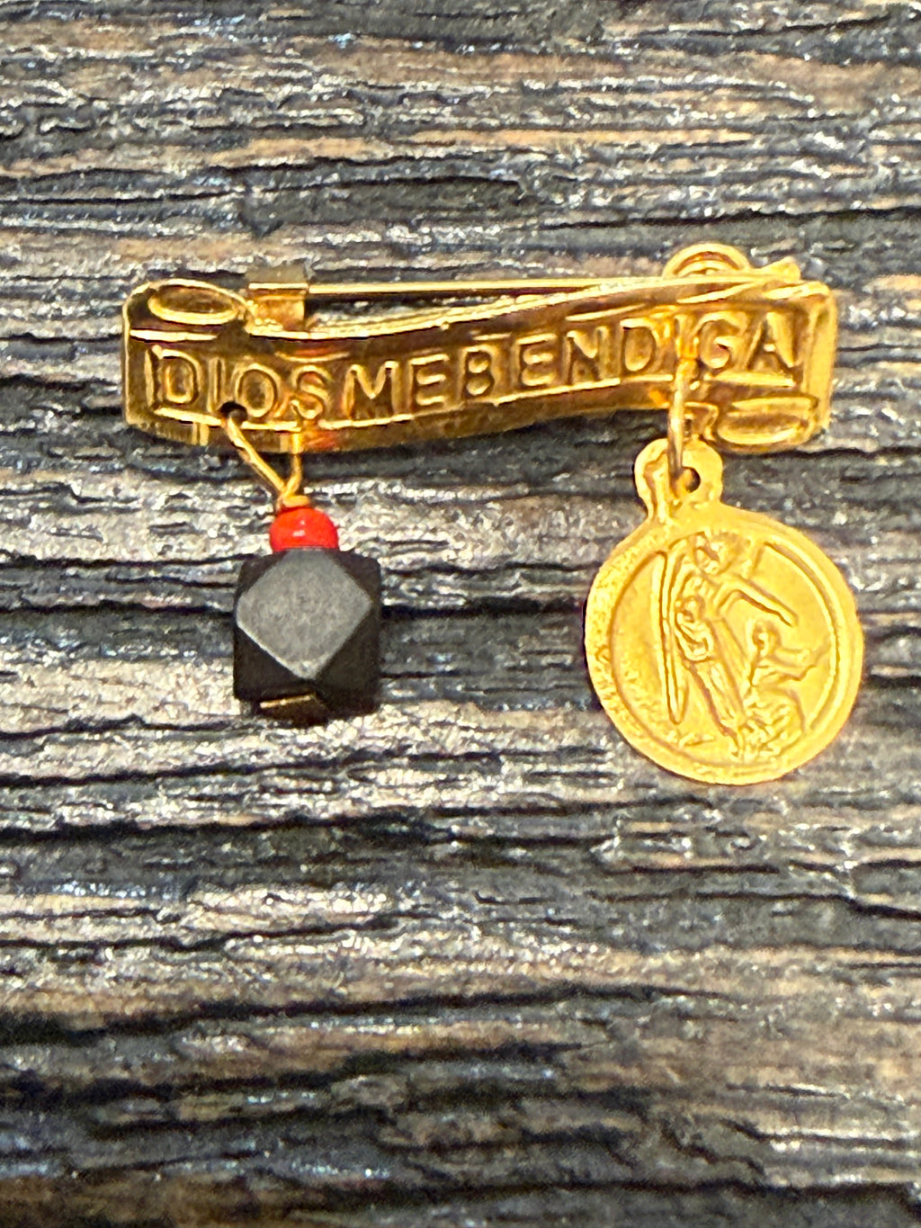 Dios Me Bendiga Con Angel De La Guarda Y Azabache Legitimo 14Kt Oro Amarillo