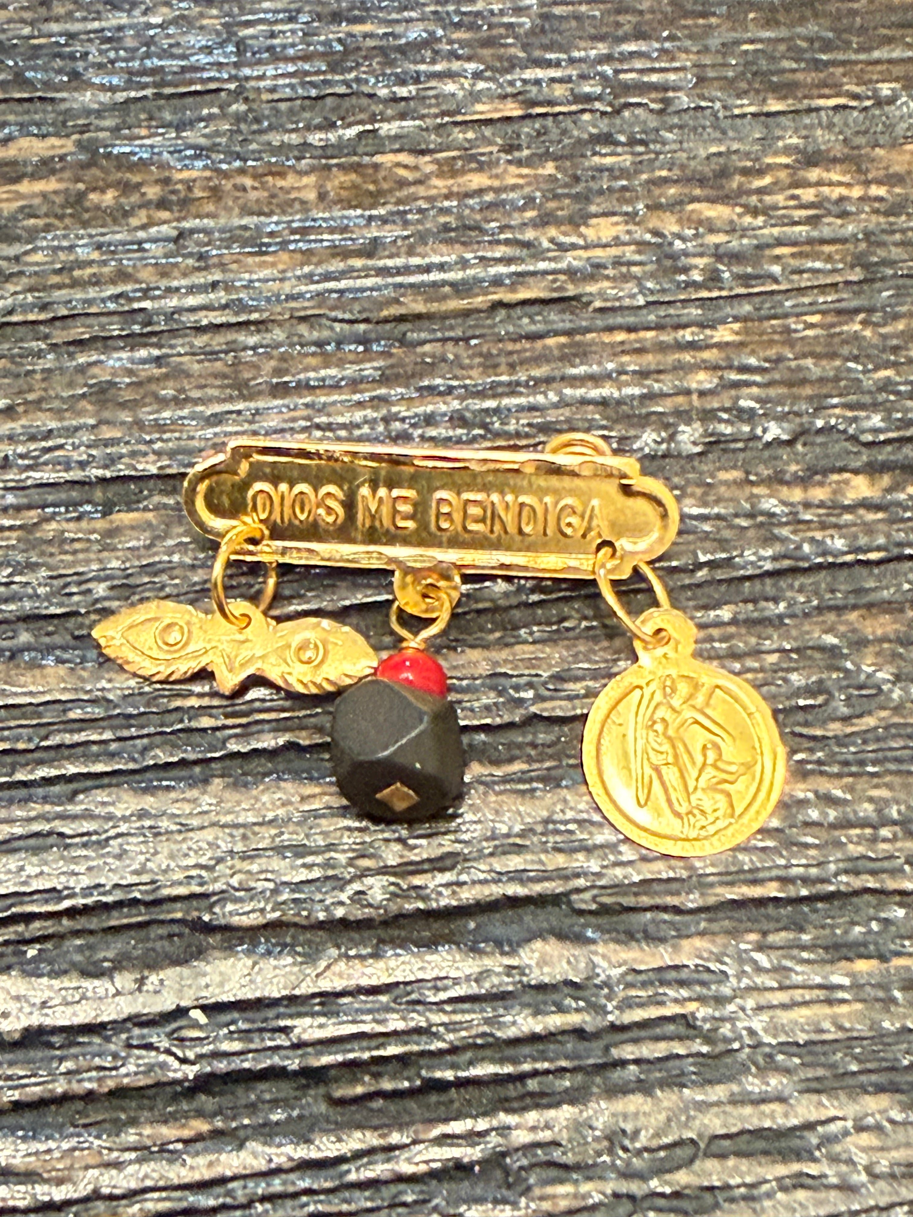 Dios Me Bendiga Con Angel De La Guarda,Azabache Legitimo Y Ojos De Santa Lucia 14Kt Oro Amarillo