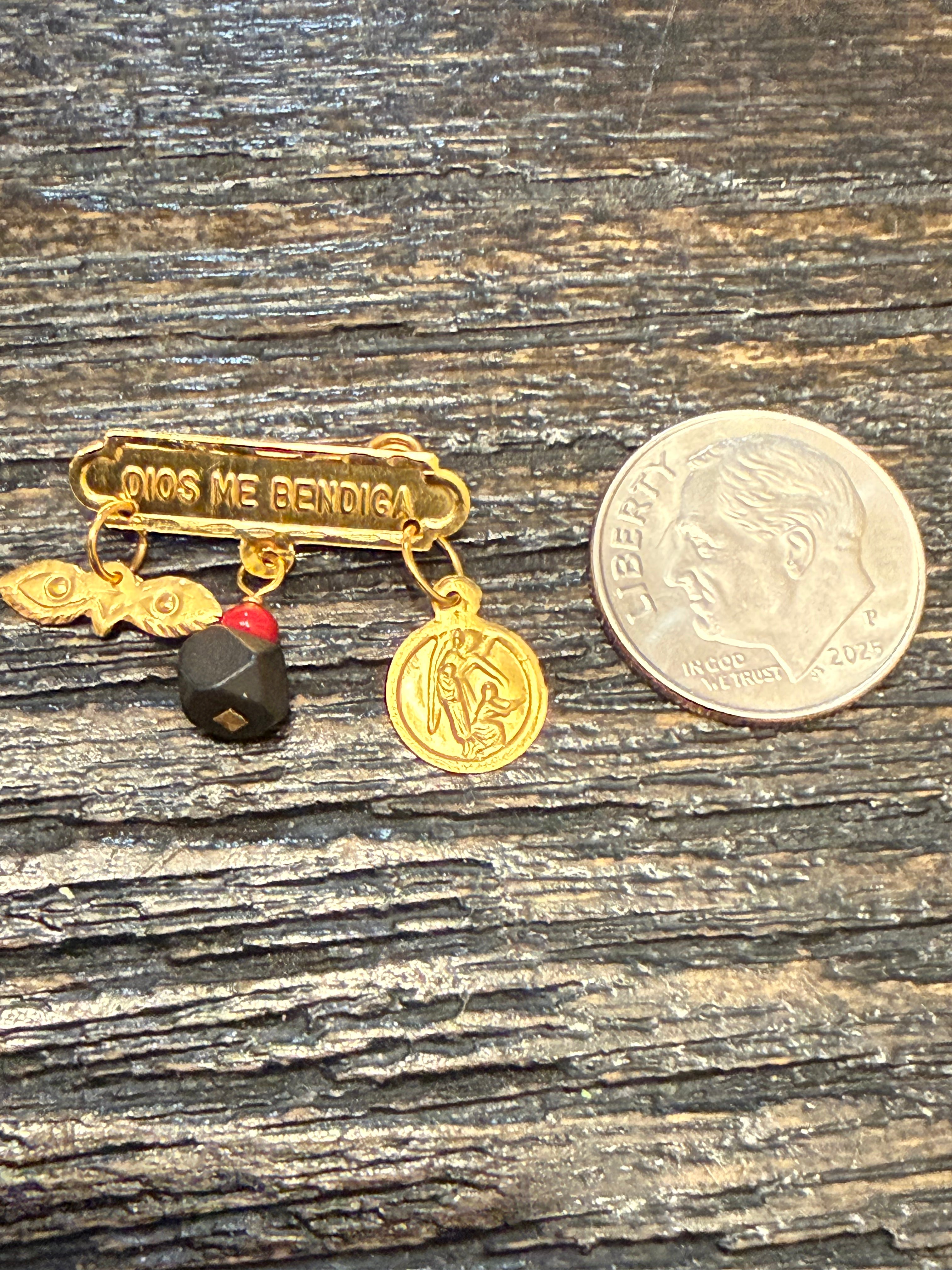 Dios Me Bendiga Con Angel De La Guarda,Azabache Legitimo Y Ojos De Santa Lucia 14Kt Oro Amarillo